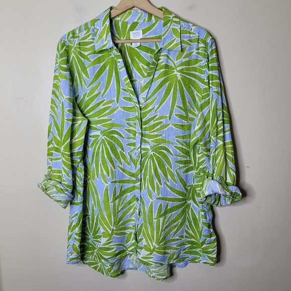 Sigrid Olsen Linen Tunic Shirt XL Palm Tropical Print Resort Coastal Artsy - Picture 4 of 6
